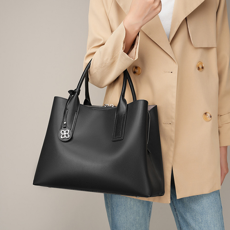 Structured Handbag Top Handle - Kadınlar İçin Siyah Hakiki Deri Yapılı