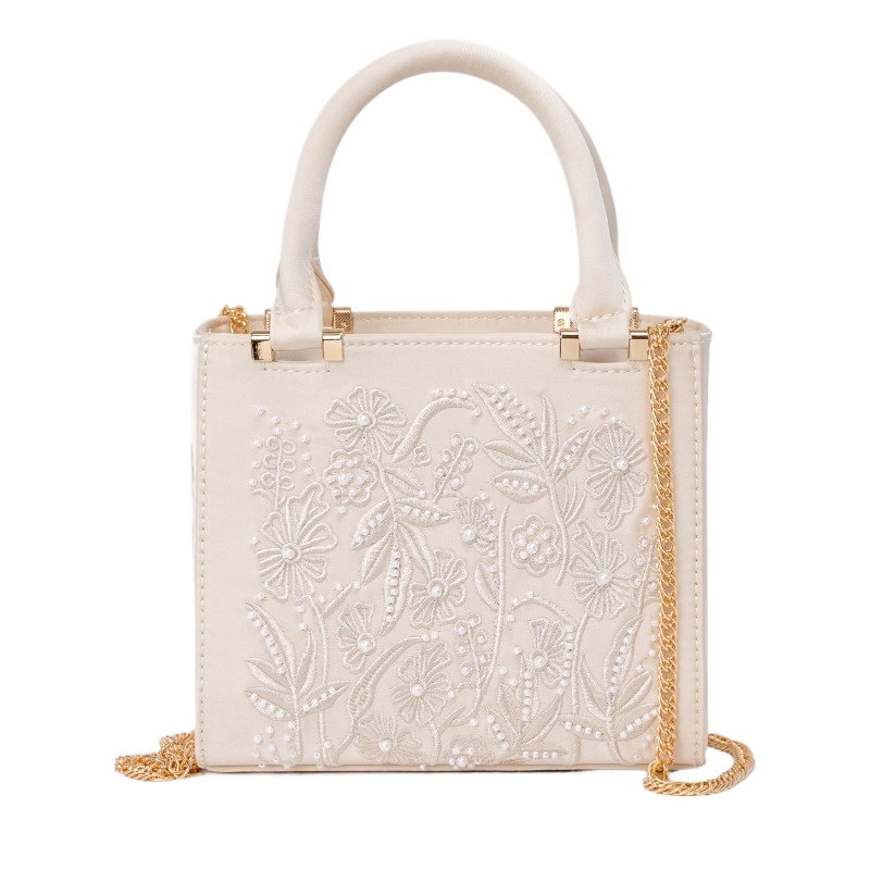 Structured Handbag Top Handle - İşlemeli İnci Çanta Vintage Zarif Yapılı